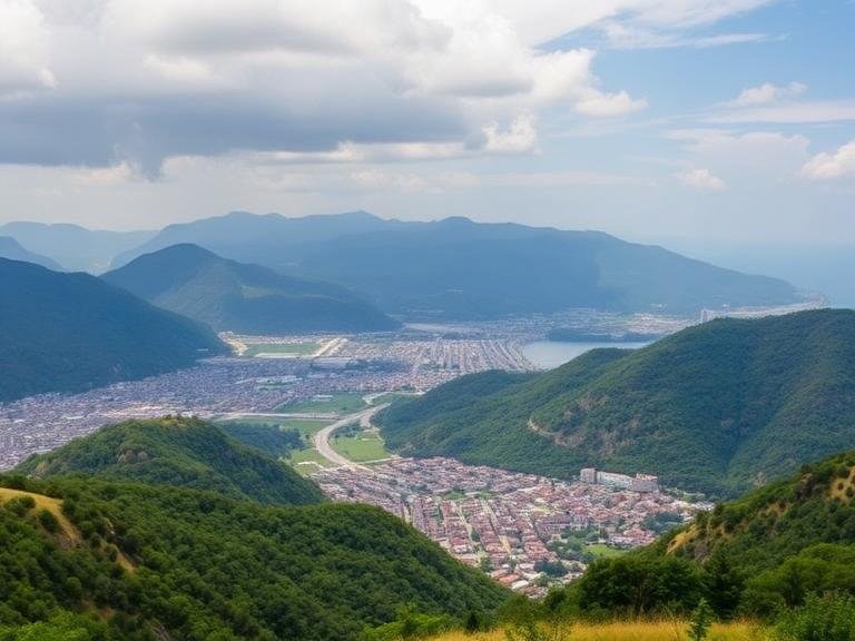 Travel warning concept showing a city in a valley surrounded by mountains under cloudy skies