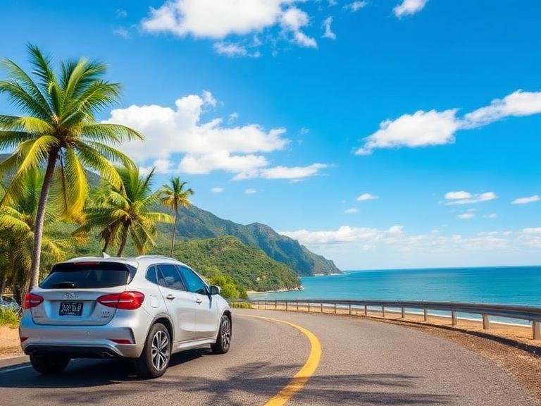 White rental SUV driving along a tropical coastal highway with palm trees and ocean view showcasing cheapest car rental deals for travel