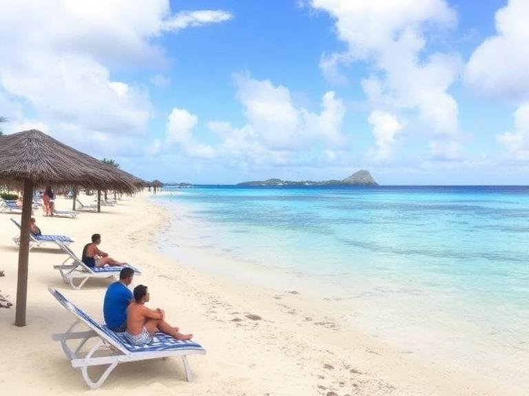 Relaxing on lounge chairs at a beautiful white sand beach in Aruba with turquoise water and clear skies, showcasing top things to do in Aruba