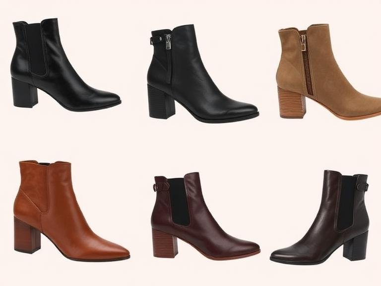 Six stylish boots for women displayed on a neutral background, including black, tan, and brown ankle boots with block heels, side zippers, and smooth leather or suede finishes.