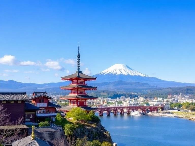 Best time to visit Japan view of Chureito Pagoda with Mount Fuji and clear blue sky