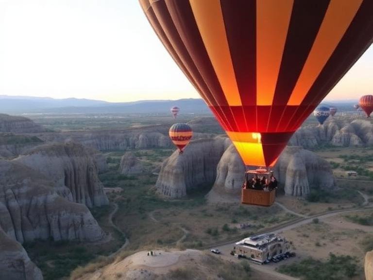 A turkey hot air balloon flying over Cappadocia’s fairy chimneys at sunrise with passengers viewing the rocky valleys below.