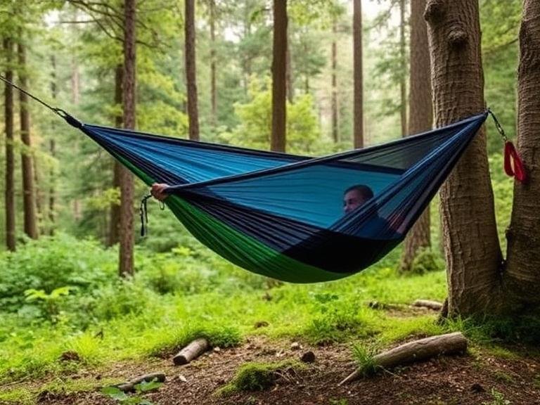 Person relaxing in one of the best camping hammocks set up between two trees in a forest campsite during sunset