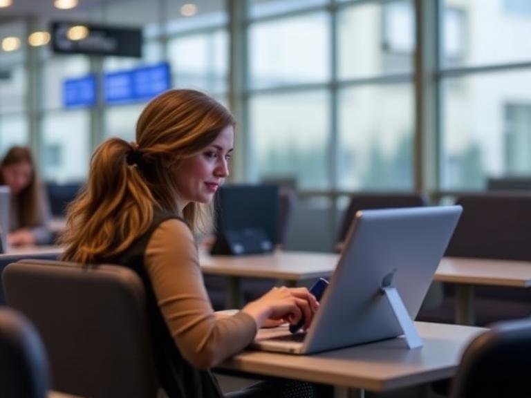 Woman using laptop at airport terminal to renew Global Entry online before flight
