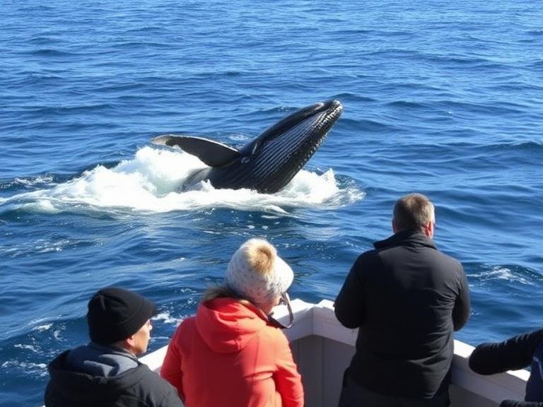 People on a boat enjoying whale watching California as a large whale surfaces near the vessel in the ocean