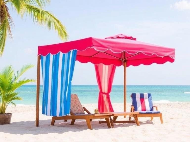 Colorful cabana-style one of the best Beach Canopies with chairs on a sunny sandy beach providing shade and comfort